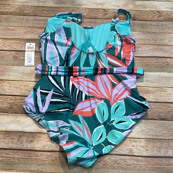 Anne Cole Tropical Belted Scoop Neck Swimsuit - Picture 3 of 4